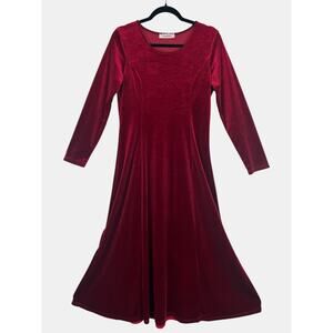 Red Velour Midi Dress Long‎ Sleeve Fit & Flare Stretch Minimalist Small 6